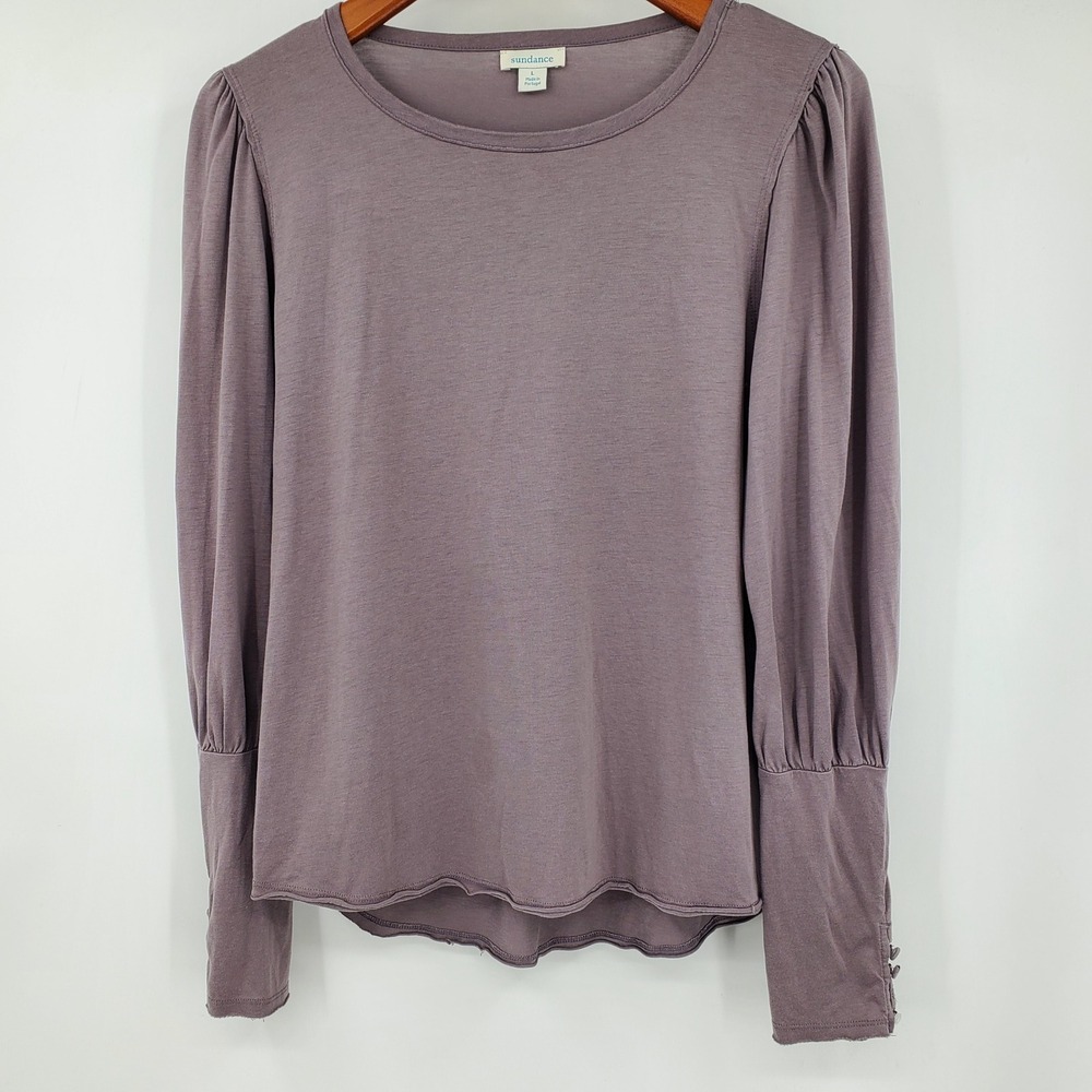 Sundance Womens Mauve Purple Puff Sleeve Button Cuff Lettuce Hem Top Large Boho